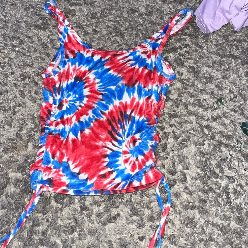 Tie-dye, red, black, and white shirt